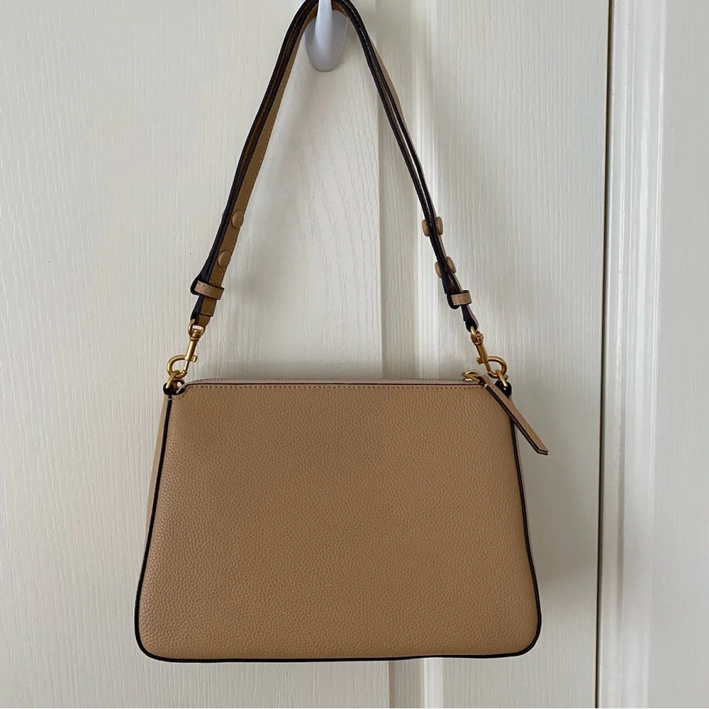 $400 NWT Tory Burch Perry Brown Tan Pebble Leather Gold Chain Strap Shoulder Bag